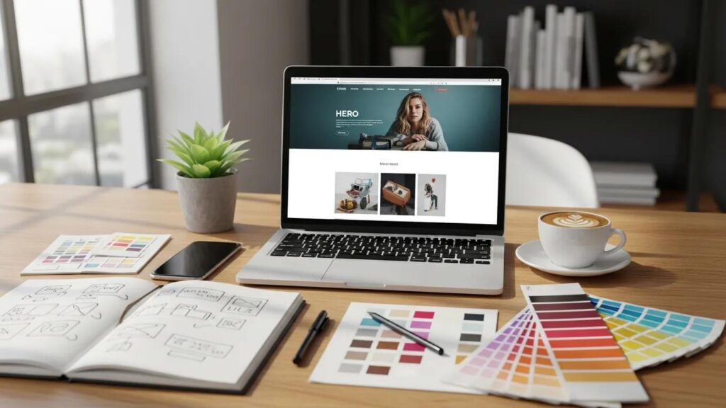 Modern website design on a laptop with design tools in a bright workspace