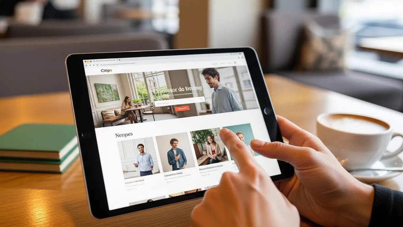 User interacting with a well-designed website on a tablet in a cozy café