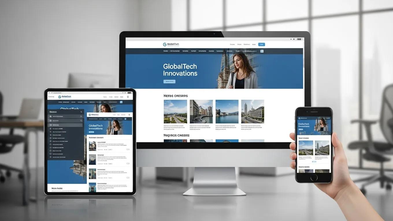 Various devices showcasing a responsive website design in a modern office