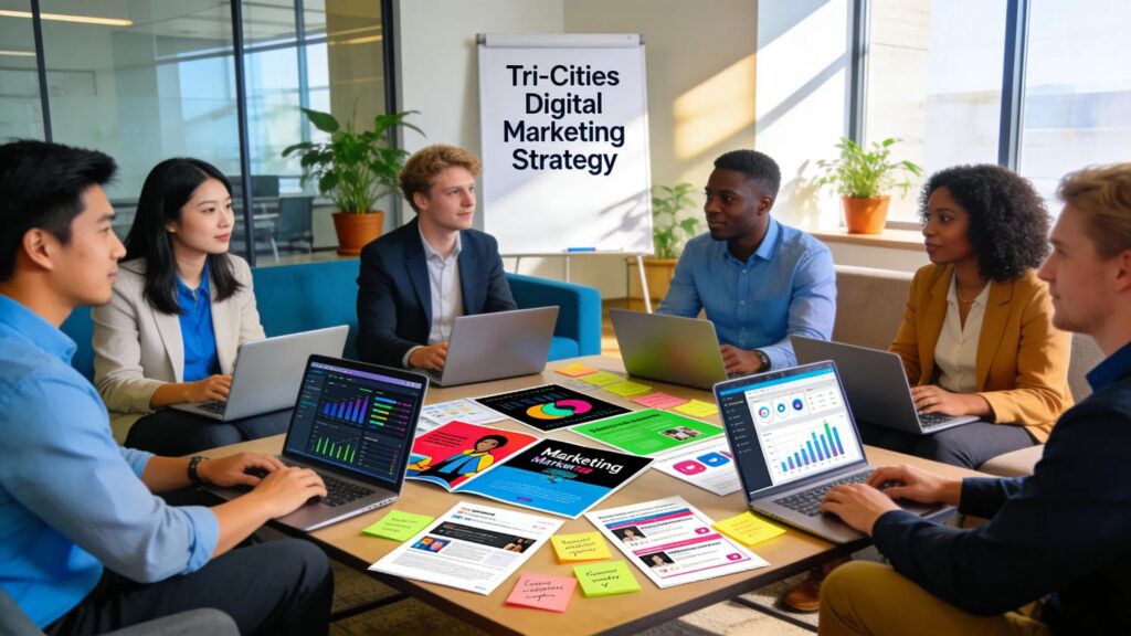 Local Tri-Cities business team discussing digital marketing strategies with laptops and marketing materials