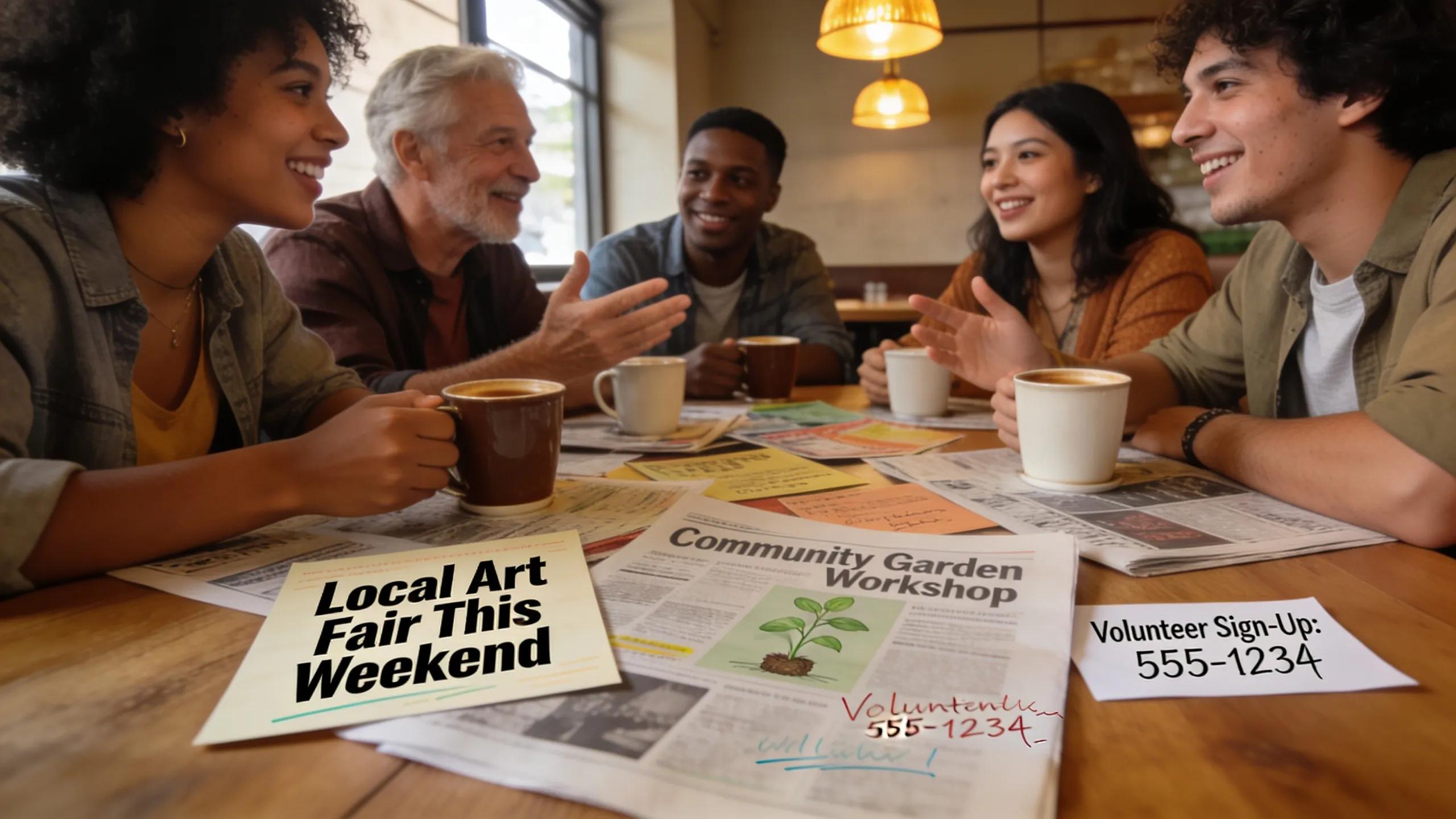 Group of friends discussing local events, emphasizing community engagement in advertising strategies