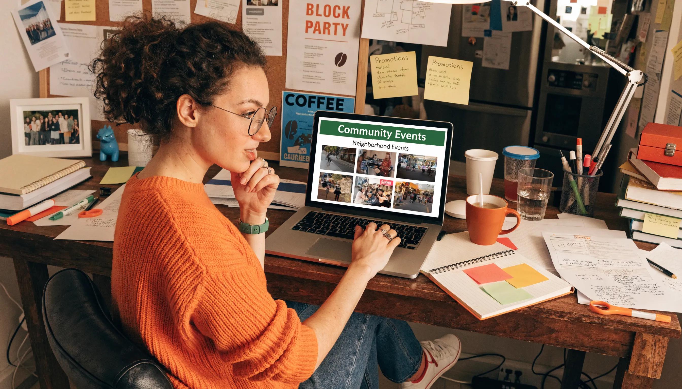 Local business owner creating engaging content relevant to community events and customer engagement