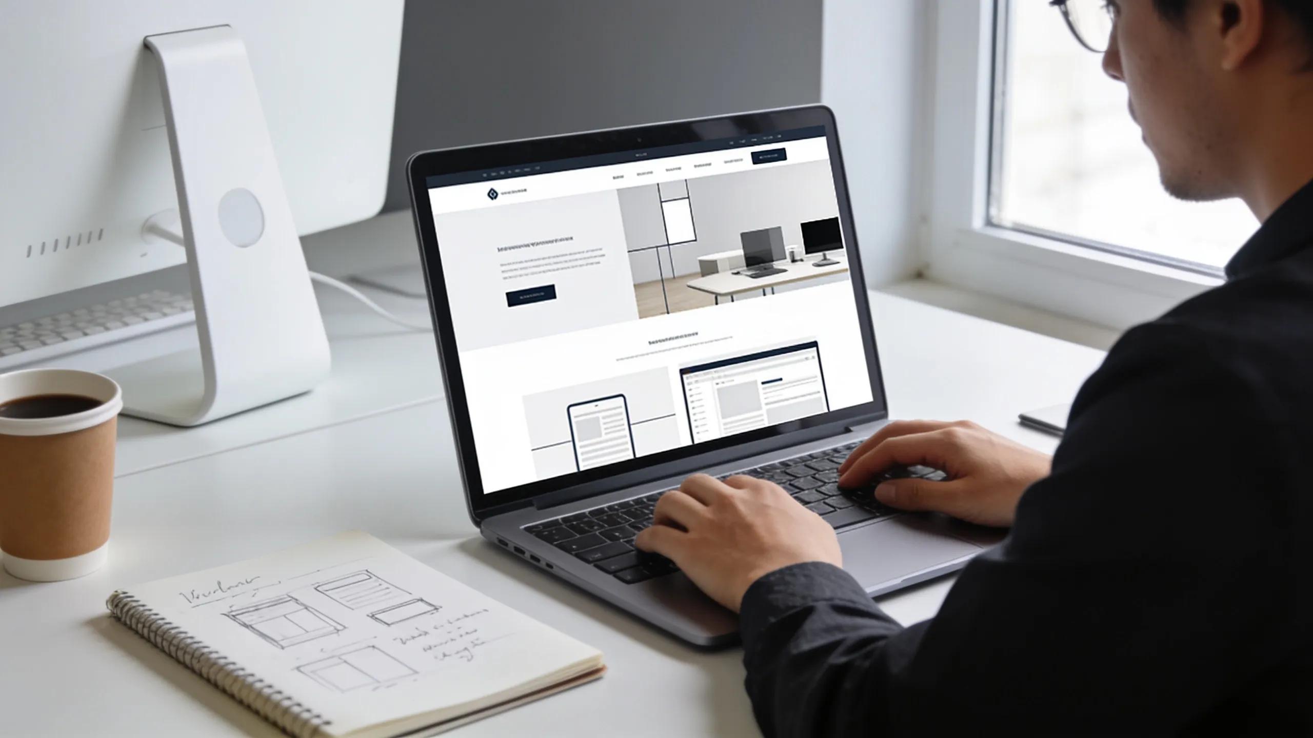 Web designer in an office setting working on a modern website design