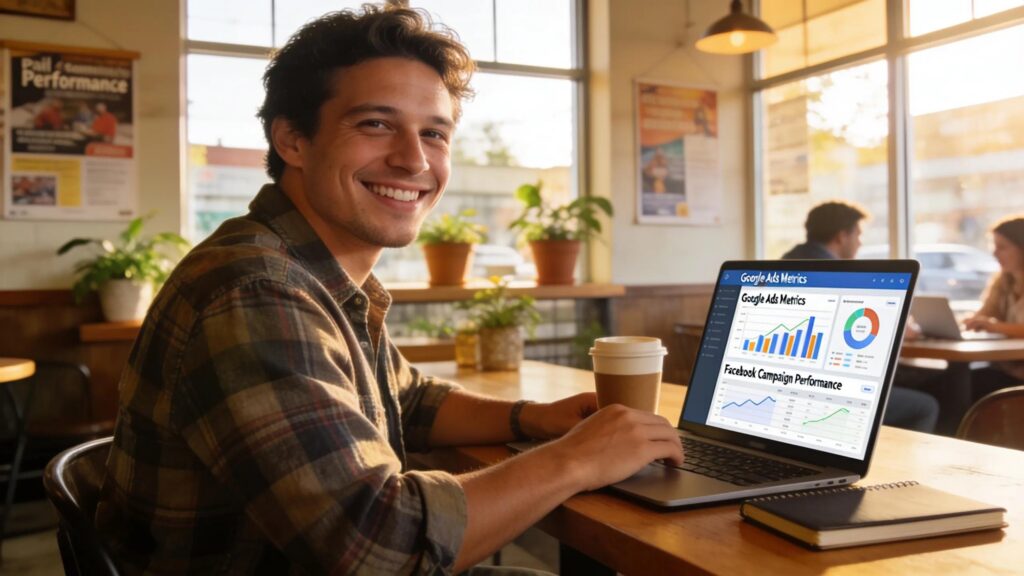 Local business owner in Tri-Cities TN analyzing paid advertising metrics on a laptop in a coffee shop
