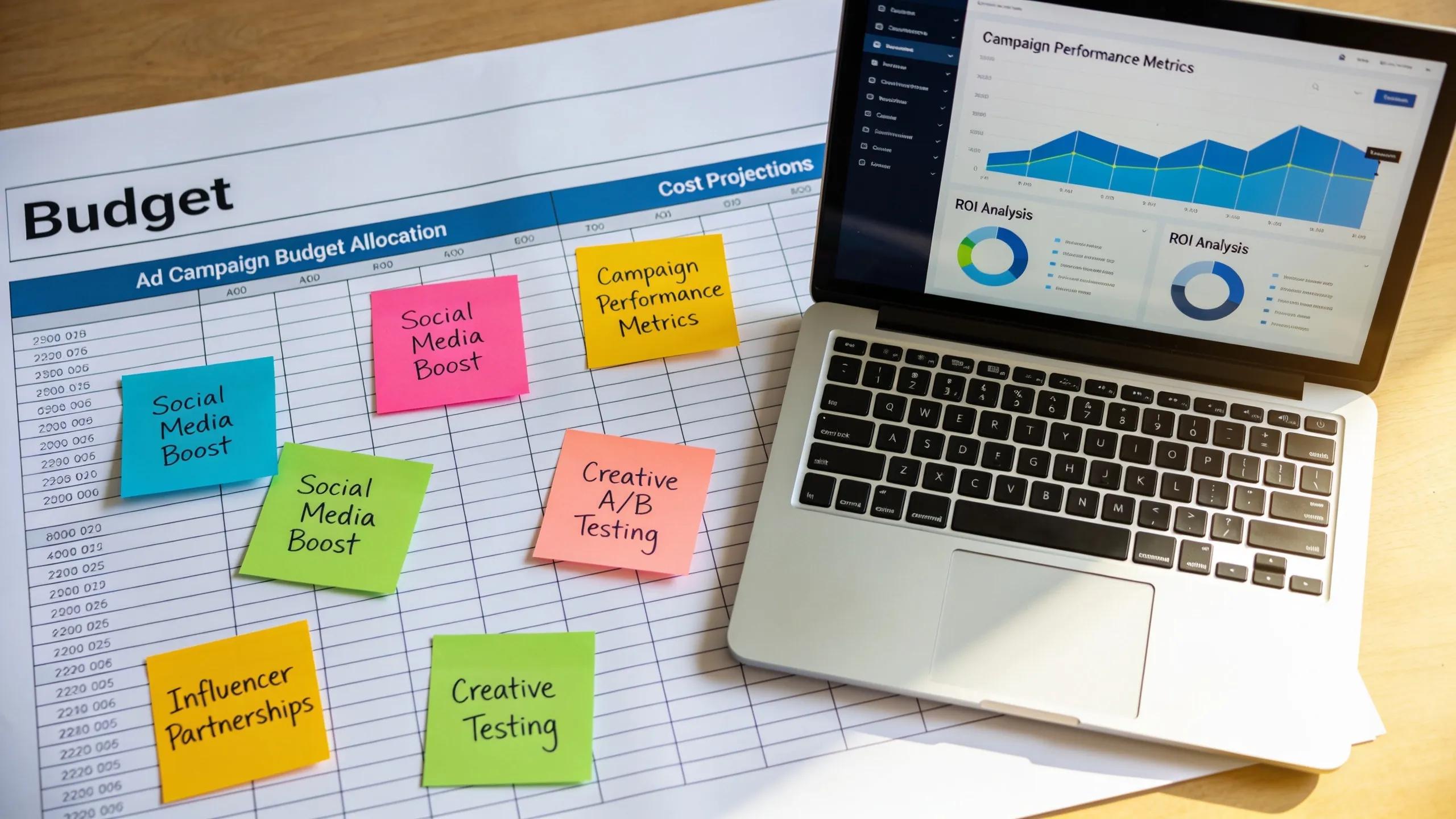 Workspace with budget planning sheet and analytics, illustrating advertising budget optimization process