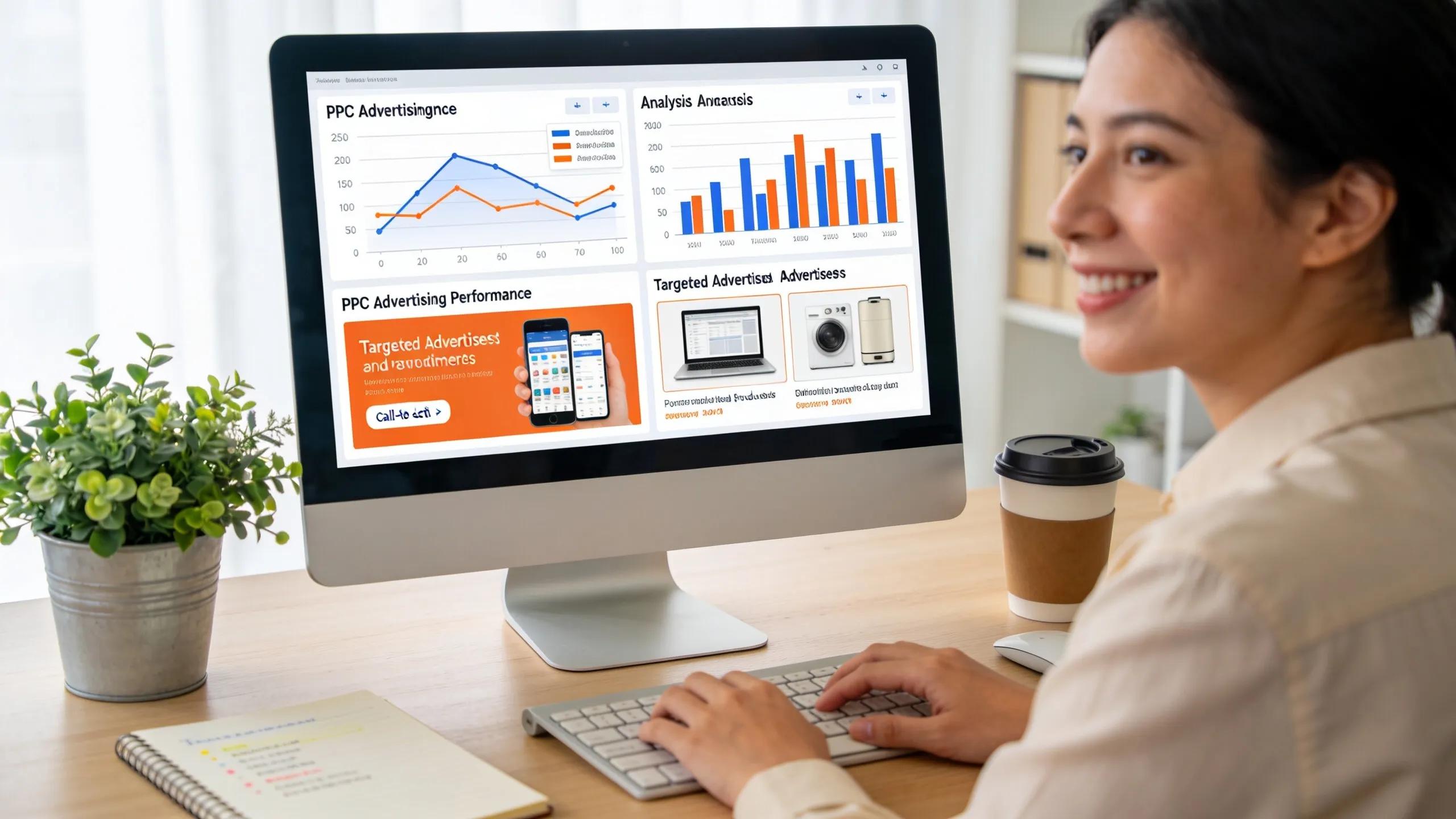 Business owner analyzing successful PPC advertising performance and engagement metrics