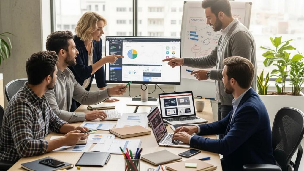 Diverse group collaborating on digital marketing strategies in a modern workspace