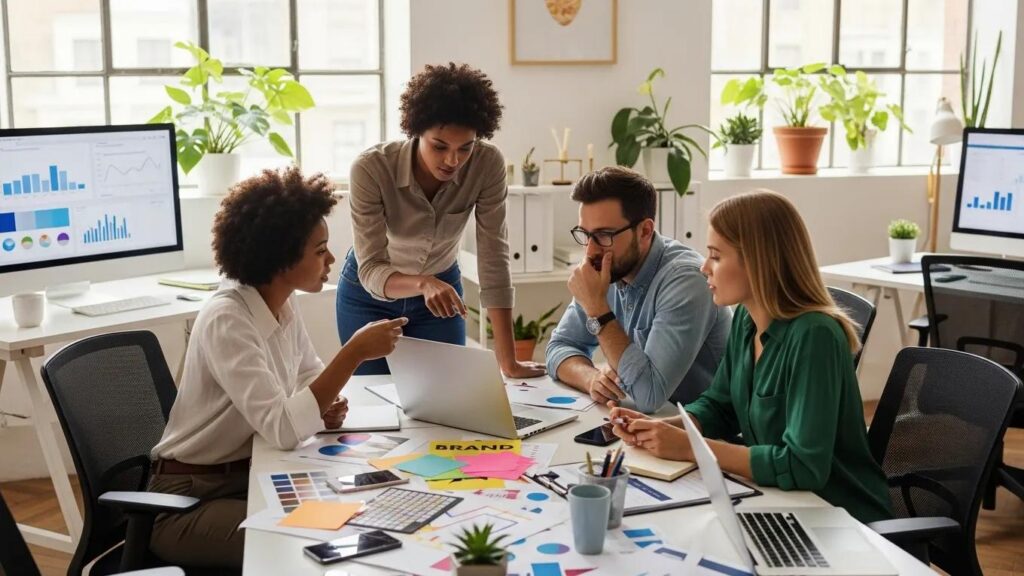 Diverse marketing team collaborating in a modern office setting, emphasizing teamwork and innovation