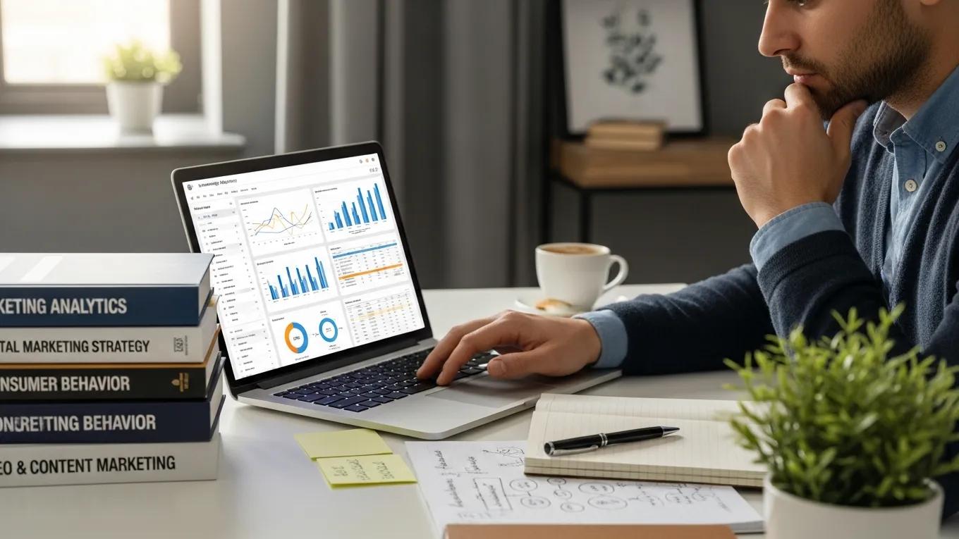 Marketing professional analyzing data with books and notes in a focused workspace