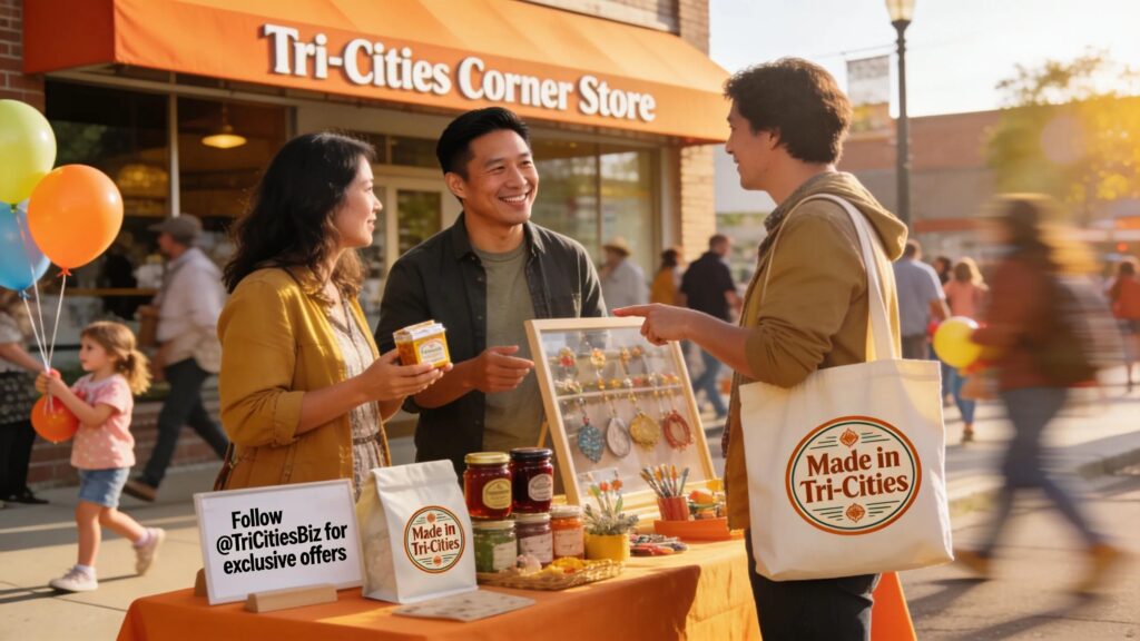 Local Tri-Cities business owner interacting with customers at a community event, highlighting the importance of effective content marketing.