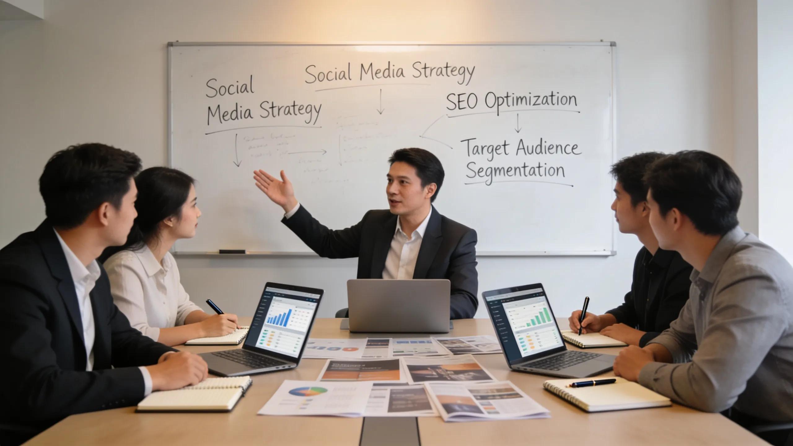 Marketing consultant presenting tailored content marketing packages to a local business team in a professional meeting environment.